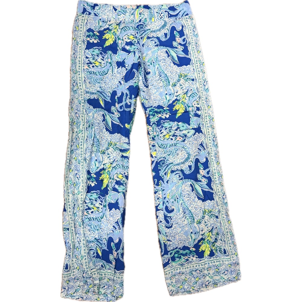 Lilly Pulitzer Mermaid In The Shade Palazzo Pants Blue Rayon Wide Leg Medium